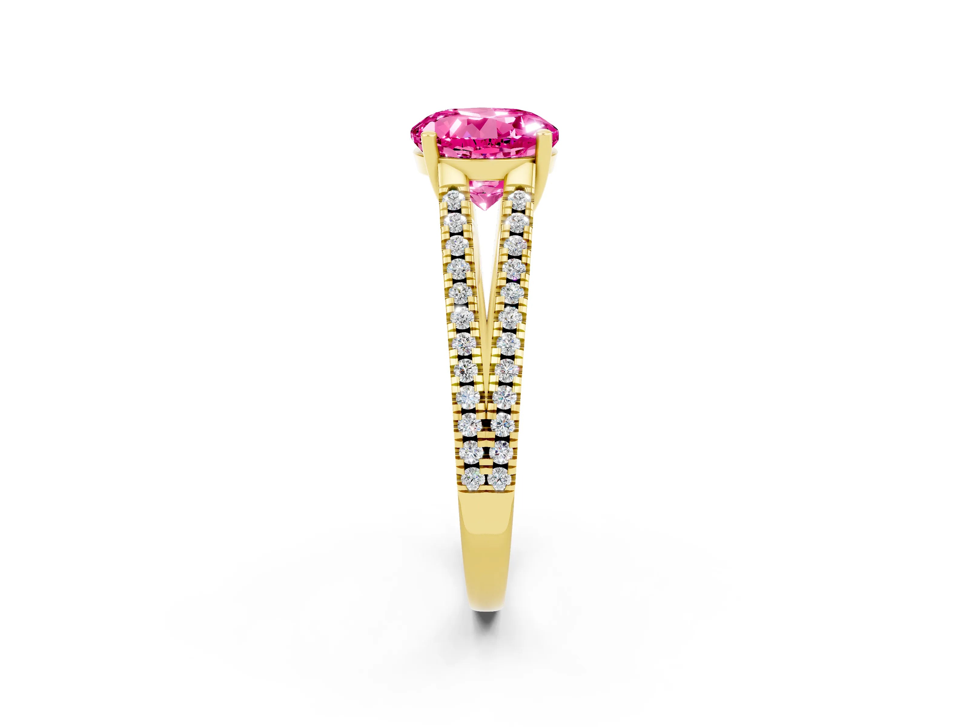Yellow gold Round Cut Pink Sapphire Solitaire Engagement Ring with Split Shank Pavé Band_14