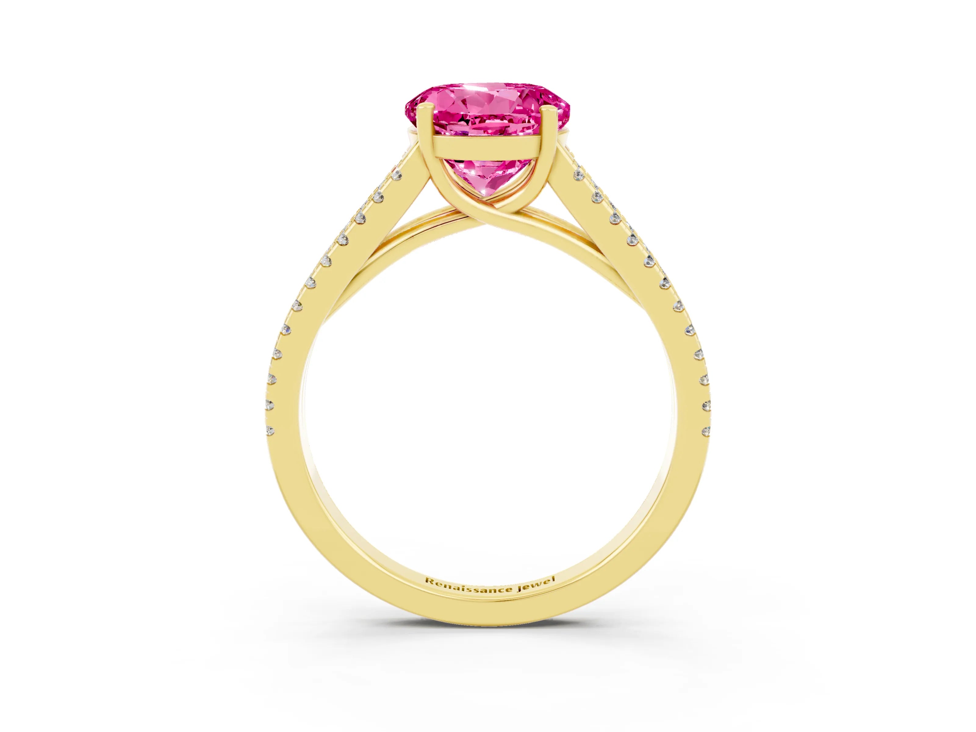 Yellow gold Round Cut Pink Sapphire Solitaire Engagement Ring with Split Shank Pavé Band_15