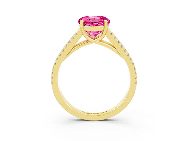 Yellow gold Round Cut Pink Sapphire Solitaire Engagement Ring with Split Shank Pavé Band