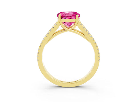 Yellow gold Round Cut Pink Sapphire Solitaire Engagement Ring with Split Shank Pavé Band_15