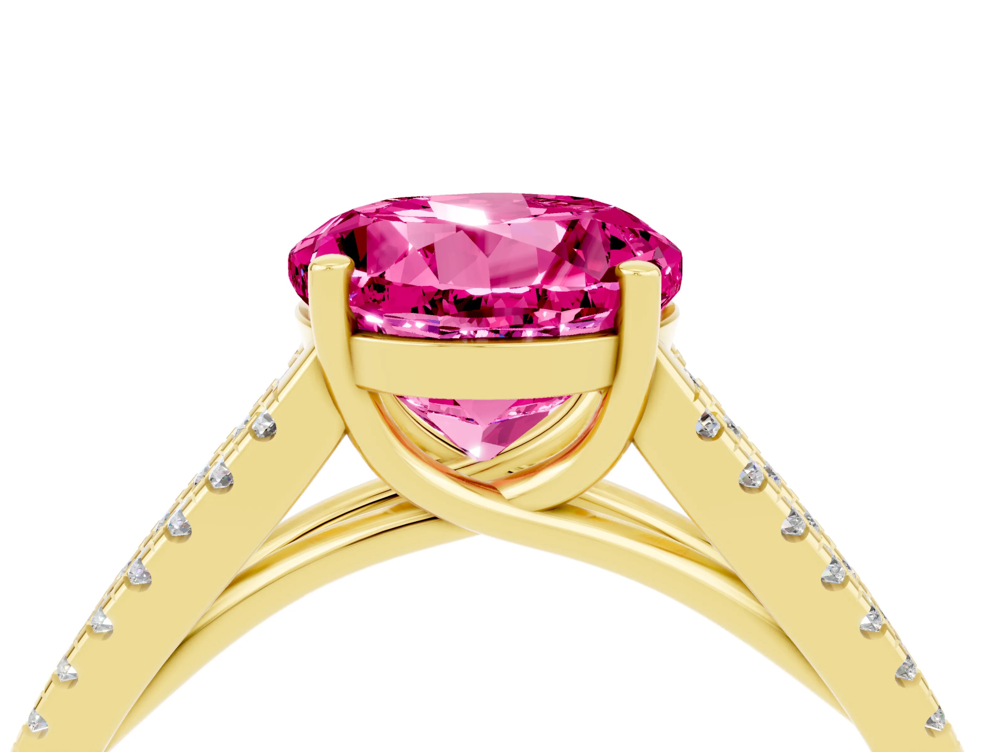 Yellow gold Round Cut Pink Sapphire Solitaire Engagement Ring with Split Shank Pavé Band_16