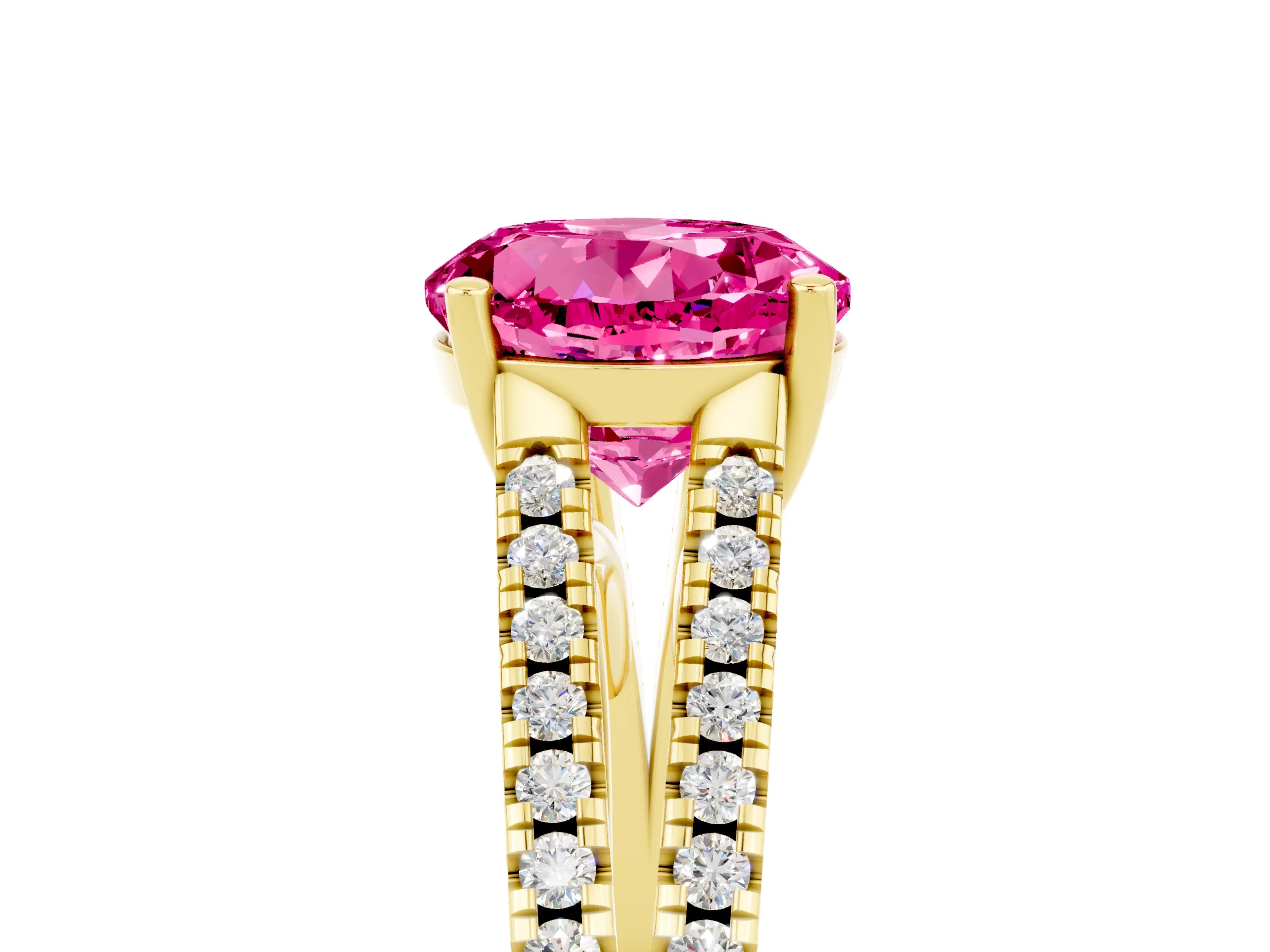 Yellow gold Round Cut Pink Sapphire Solitaire Engagement Ring with Split Shank Pavé Band_17