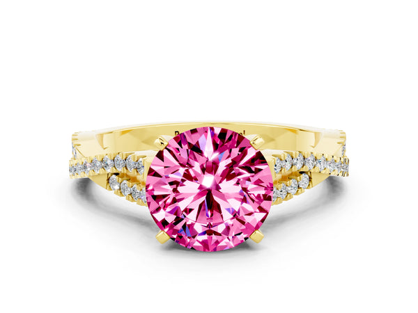 Yellow gold Round Cut Pink Sapphire Solitaire Engagement Ring with Twisted Pavé Band and Four-Prong Setting