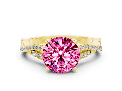 Yellow gold Round Cut Pink Sapphire Solitaire Engagement Ring with Twisted Pavé Band and Four-Prong Setting_12