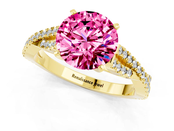 Yellow gold Round Cut Pink Sapphire Solitaire Engagement Ring with Twisted Pavé Band and Four-Prong Setting