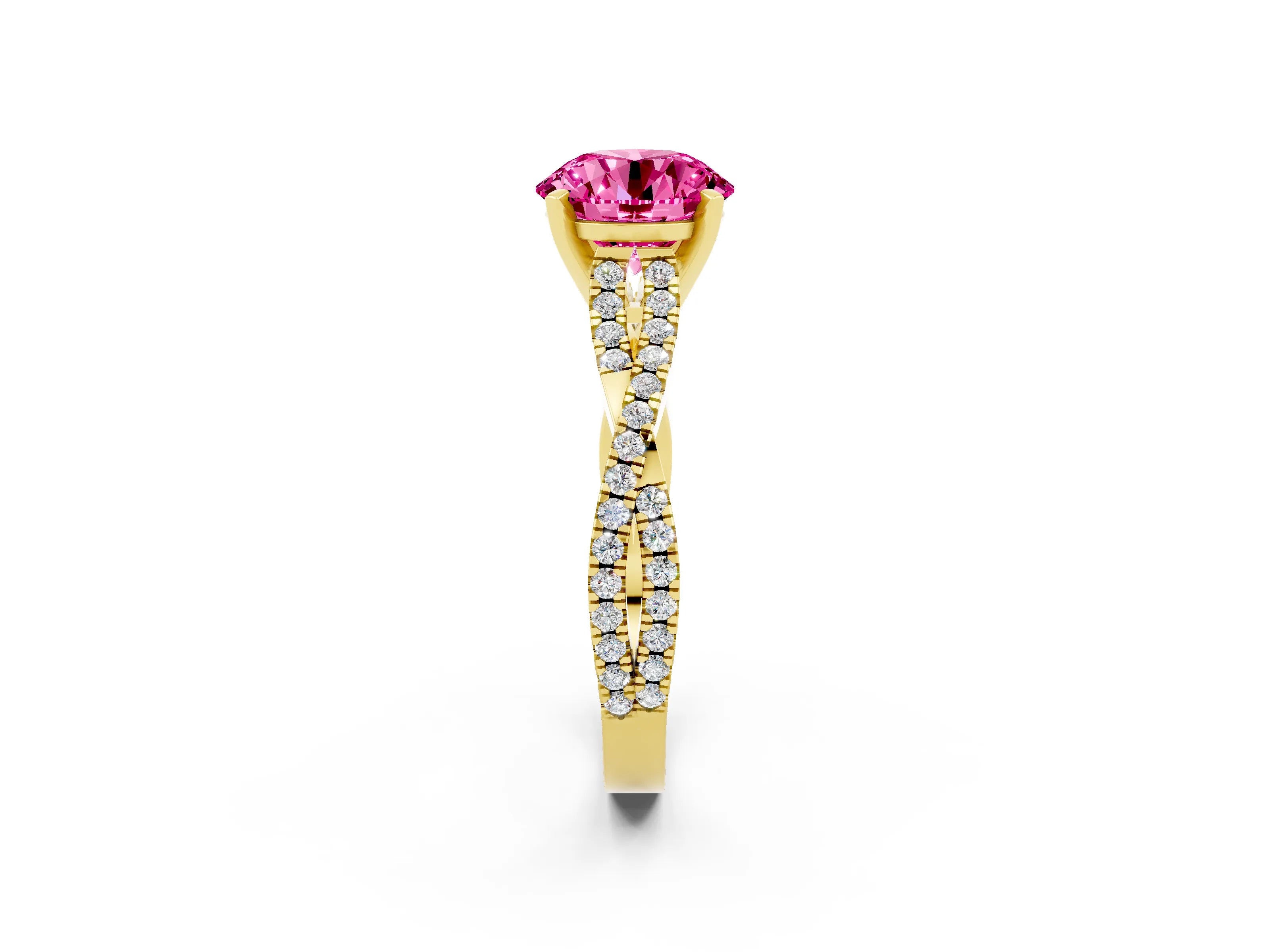 Yellow gold Round Cut Pink Sapphire Solitaire Engagement Ring with Twisted Pavé Band and Four-Prong Setting_14