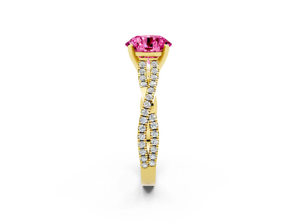 Yellow gold Round Cut Pink Sapphire Solitaire Engagement Ring with Twisted Pavé Band and Four-Prong Setting