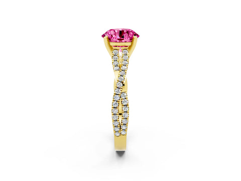 Yellow gold Round Cut Pink Sapphire Solitaire Engagement Ring with Twisted Pavé Band and Four-Prong Setting_14
