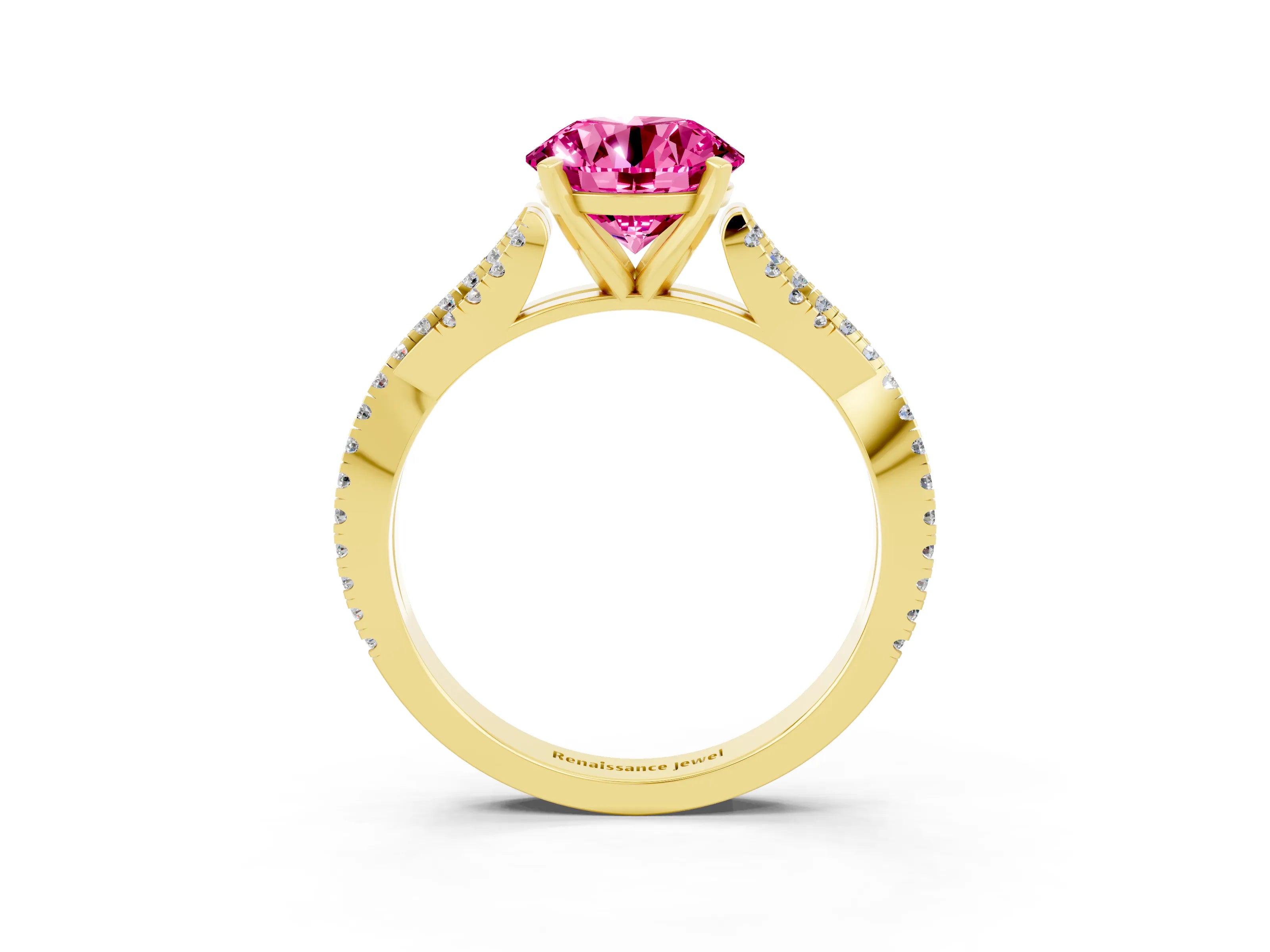 Yellow gold Round Cut Pink Sapphire Solitaire Engagement Ring with Twisted Pavé Band and Four-Prong Setting_15