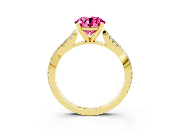 Yellow gold Round Cut Pink Sapphire Solitaire Engagement Ring with Twisted Pavé Band and Four-Prong Setting