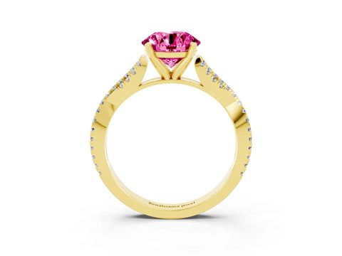 Yellow gold Round Cut Pink Sapphire Solitaire Engagement Ring with Twisted Pavé Band and Four-Prong Setting_15