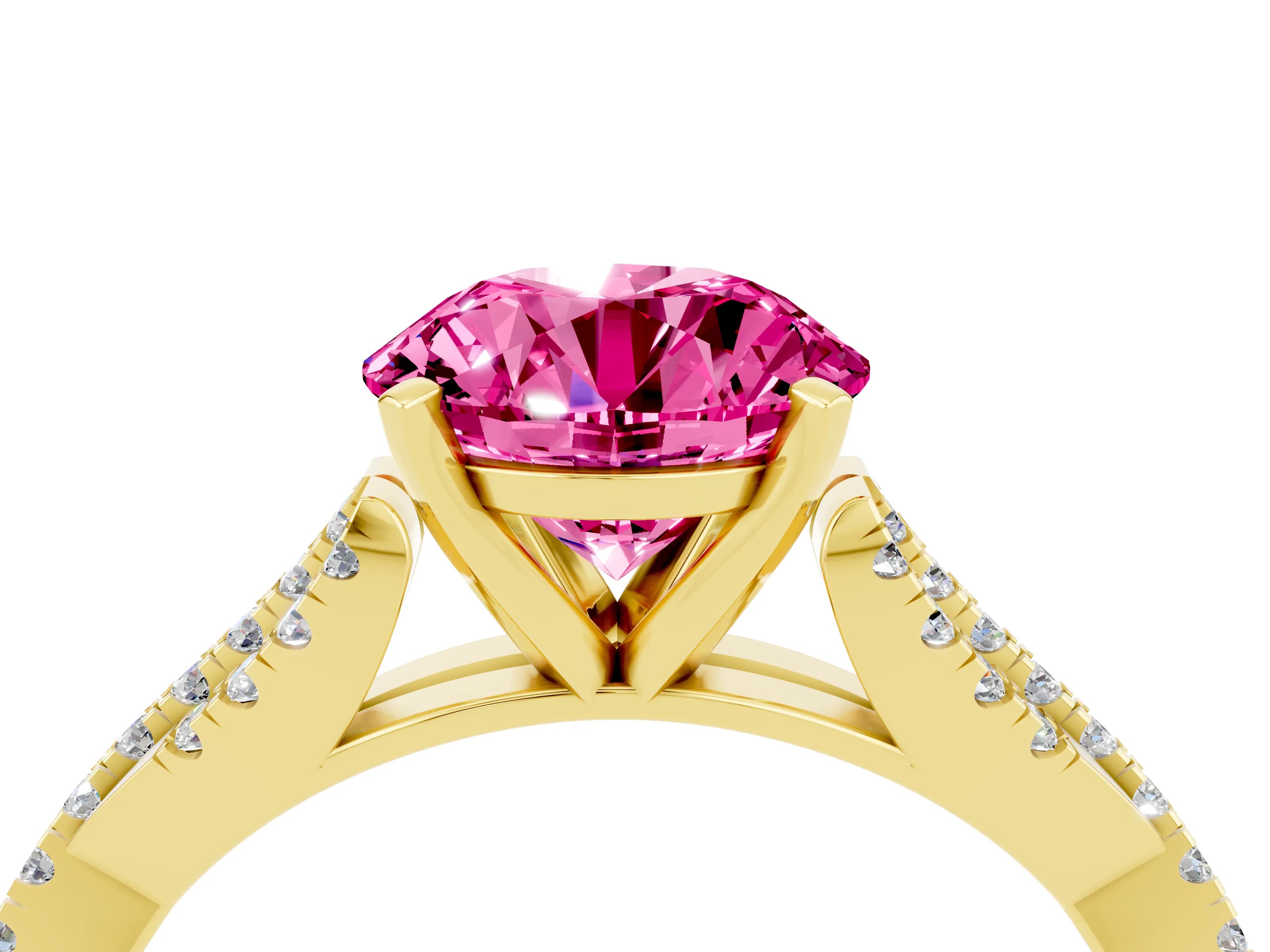 Yellow gold Round Cut Pink Sapphire Solitaire Engagement Ring with Twisted Pavé Band and Four-Prong Setting_16