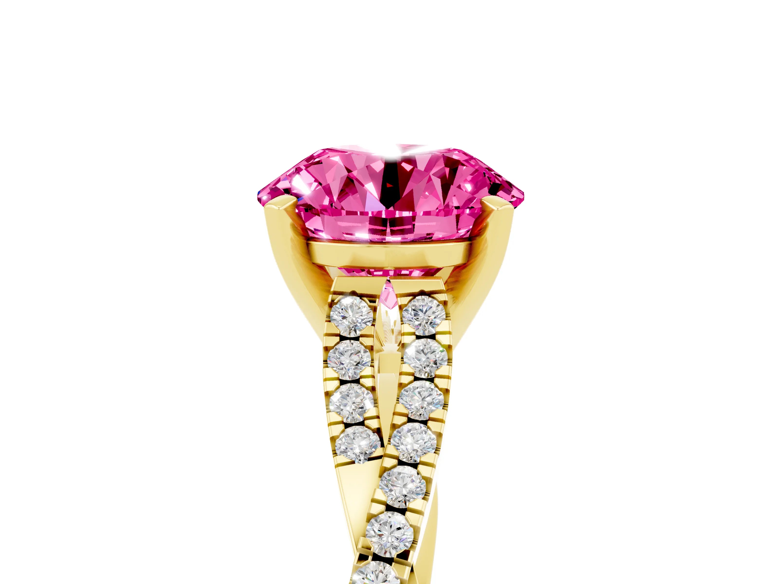Yellow gold Round Cut Pink Sapphire Solitaire Engagement Ring with Twisted Pavé Band and Four-Prong Setting_17
