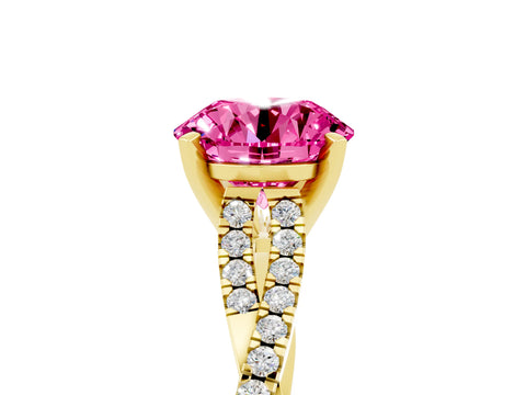 Yellow gold Round Cut Pink Sapphire Solitaire Engagement Ring with Twisted Pavé Band and Four-Prong Setting_17