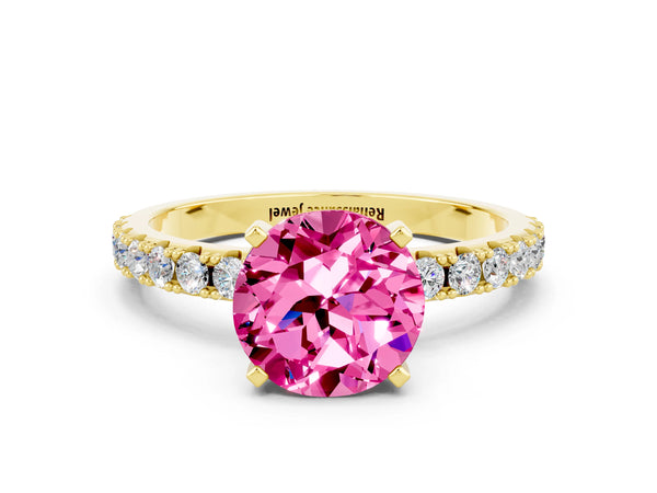 Yellow gold Round Cut Pink Sapphire Solitaire Pavé Band with Four-Prong Setting