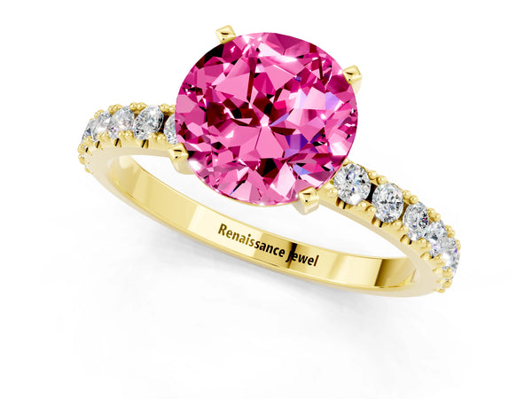 Yellow gold Round Cut Pink Sapphire Solitaire Pavé Band with Four-Prong Setting