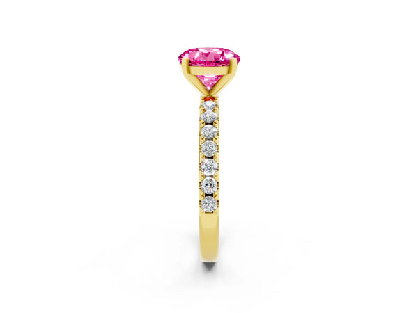 Yellow gold Round Cut Pink Sapphire Solitaire Pavé Band with Four-Prong Setting