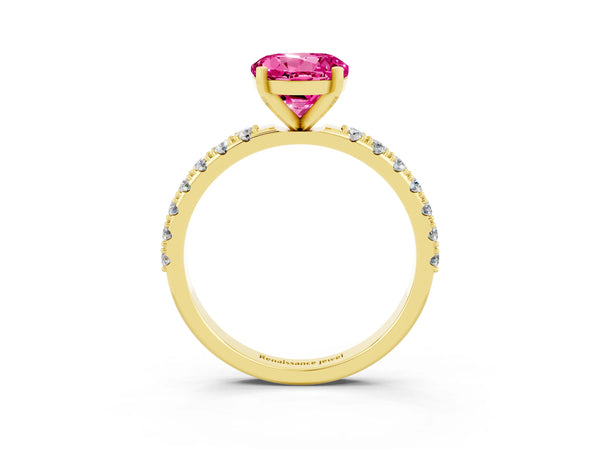 Yellow gold Round Cut Pink Sapphire Solitaire Pavé Band with Four-Prong Setting