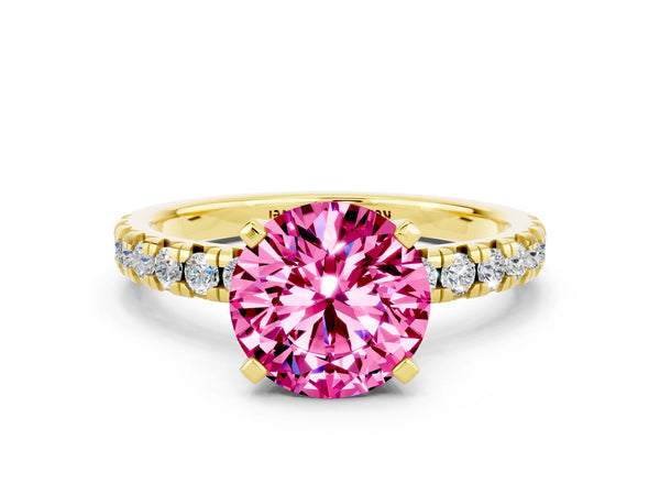 Yellow gold Round Cut Pink Sapphire Solitaire Pavé Engagement Ring with Round Band and Prong Setting
