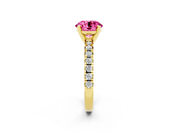 Yellow gold Round Cut Pink Sapphire Solitaire Pavé Engagement Ring with Round Band and Prong Setting