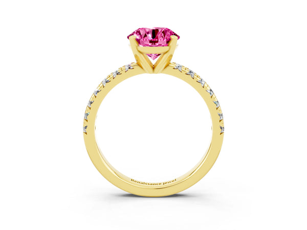 Yellow gold Round Cut Pink Sapphire Solitaire Pavé Engagement Ring with Round Band and Prong Setting
