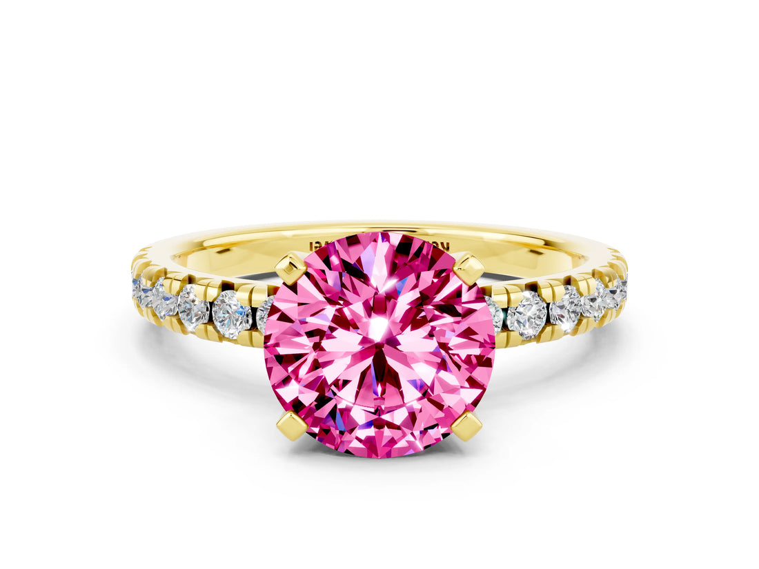 Yellow gold Round Cut Pink Sapphire Solitaire Pavé Engagement Ring with Round Band and Prong Setting_60