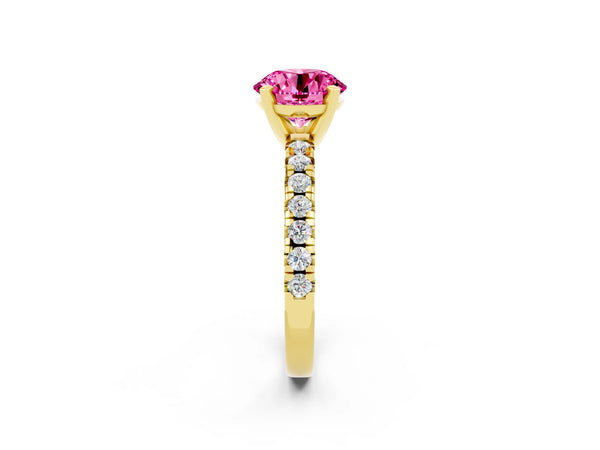Yellow gold Round Cut Pink Sapphire Solitaire Pavé Engagement Ring with Round Band and Prong Setting