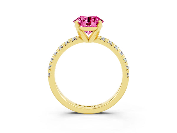 Yellow gold Round Cut Pink Sapphire Solitaire Pavé Engagement Ring with Round Band and Prong Setting