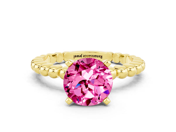 Yellow gold Round Cut Pink Sapphire Solitaire Ring with Beaded Band and Prong Setting