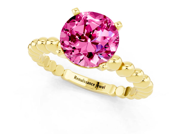 Yellow gold Round Cut Pink Sapphire Solitaire Ring with Beaded Band and Prong Setting