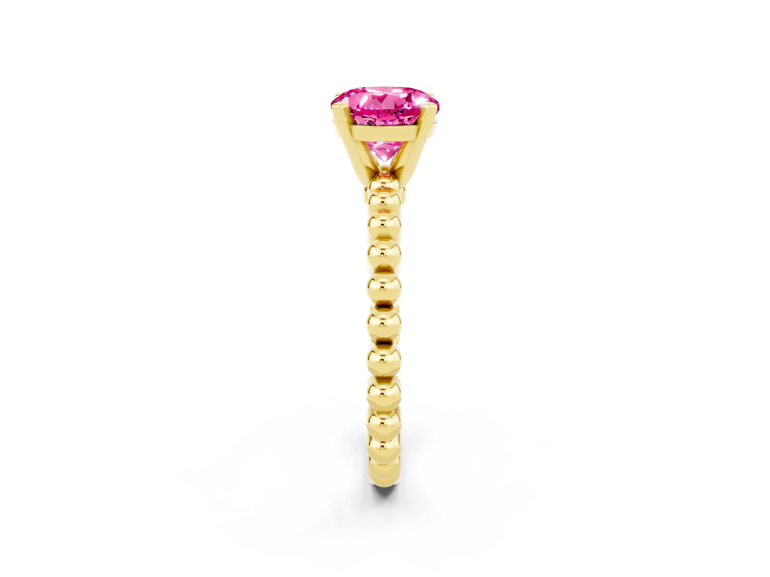 Yellow gold Round Cut Pink Sapphire Solitaire Ring with Beaded Band and Prong Setting_2