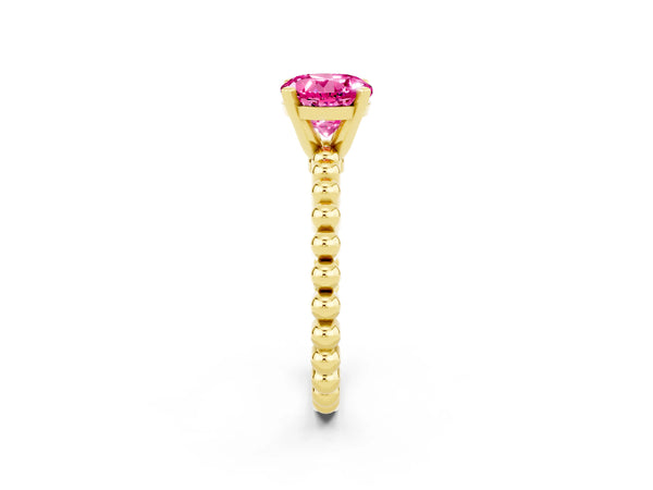 Yellow gold Round Cut Pink Sapphire Solitaire Ring with Beaded Band and Prong Setting