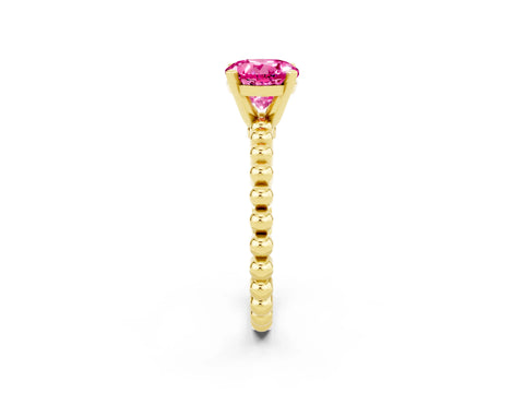 Yellow gold Round Cut Pink Sapphire Solitaire Ring with Beaded Band and Prong Setting_2