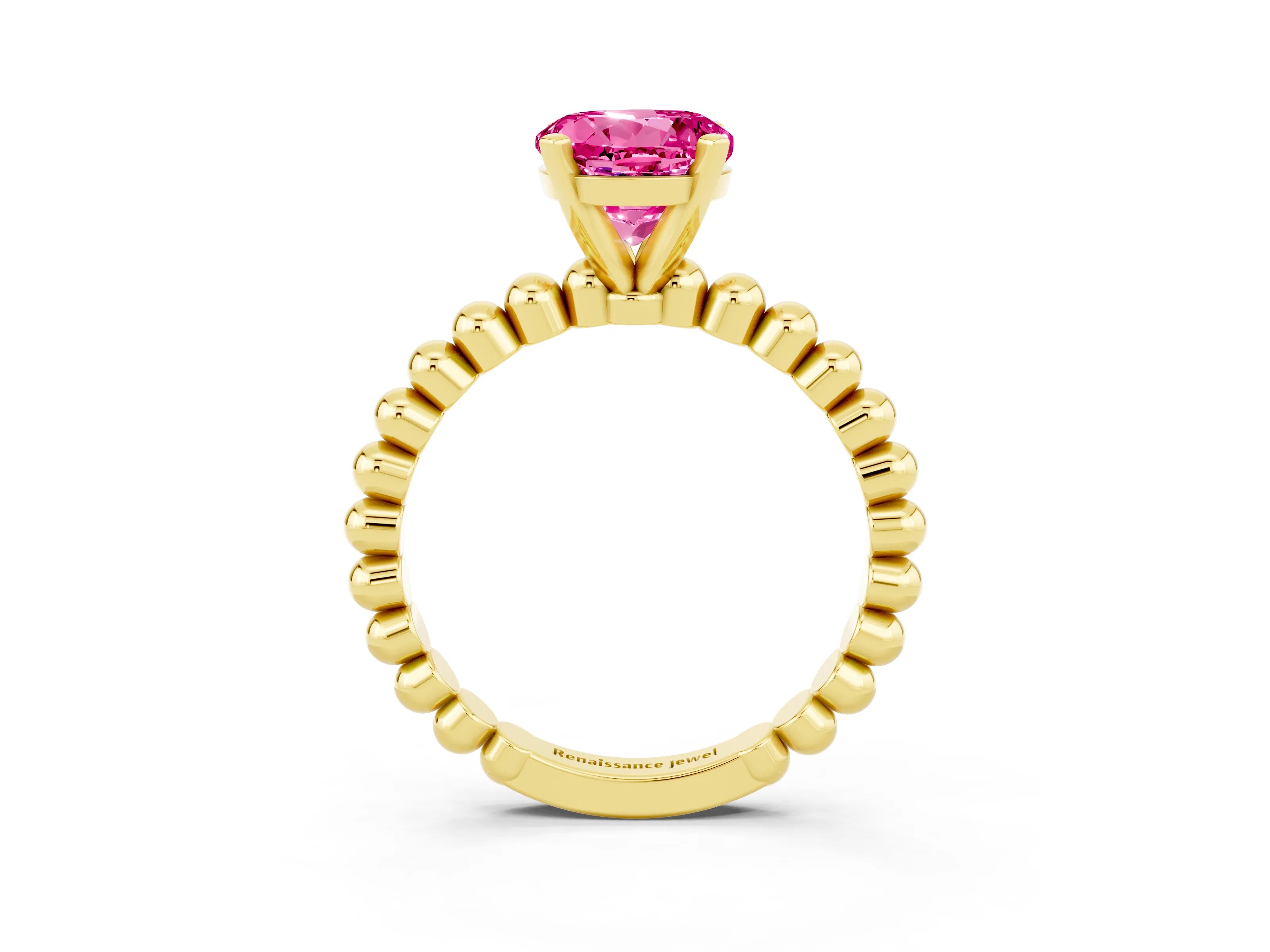 Yellow gold Round Cut Pink Sapphire Solitaire Ring with Beaded Band and Prong Setting_3