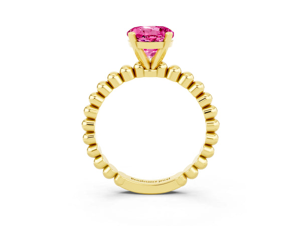 Yellow gold Round Cut Pink Sapphire Solitaire Ring with Beaded Band and Prong Setting