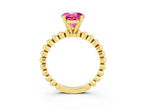 Yellow gold Round Cut Pink Sapphire Solitaire Ring with Beaded Band and Prong Setting_3