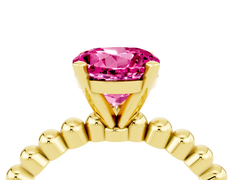 Yellow gold Round Cut Pink Sapphire Solitaire Ring with Beaded Band and Prong Setting_4