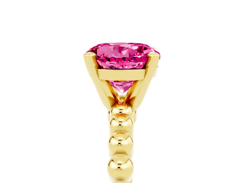 Yellow gold Round Cut Pink Sapphire Solitaire Ring with Beaded Band and Prong Setting_5