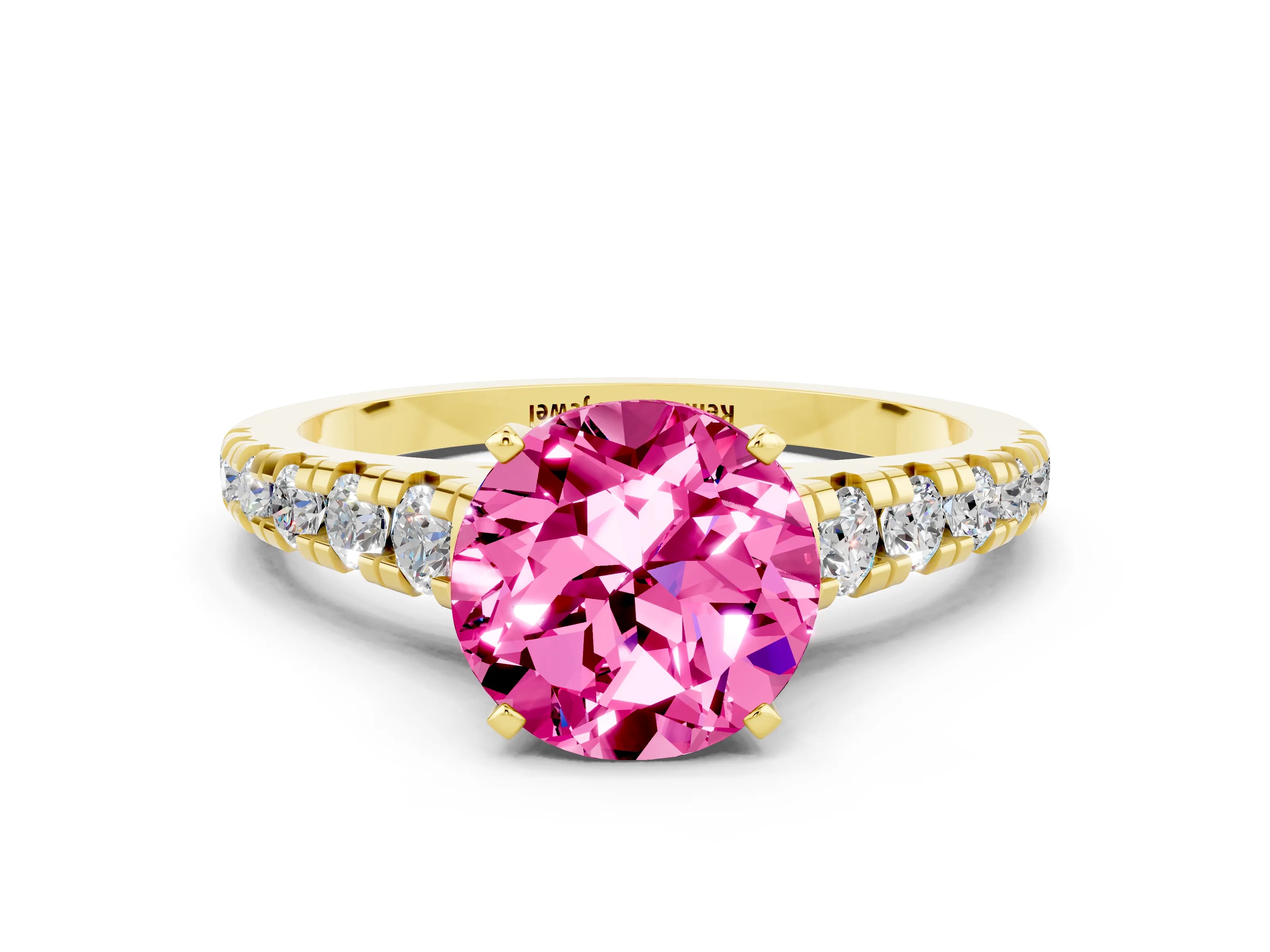 Yellow gold Round Cut Pink Sapphire Solitaire Ring with Cathedral Setting and Pavé Band_24