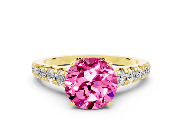 Yellow gold Round Cut Pink Sapphire Cathedral Solitaire Ring with Round  Pavé Band