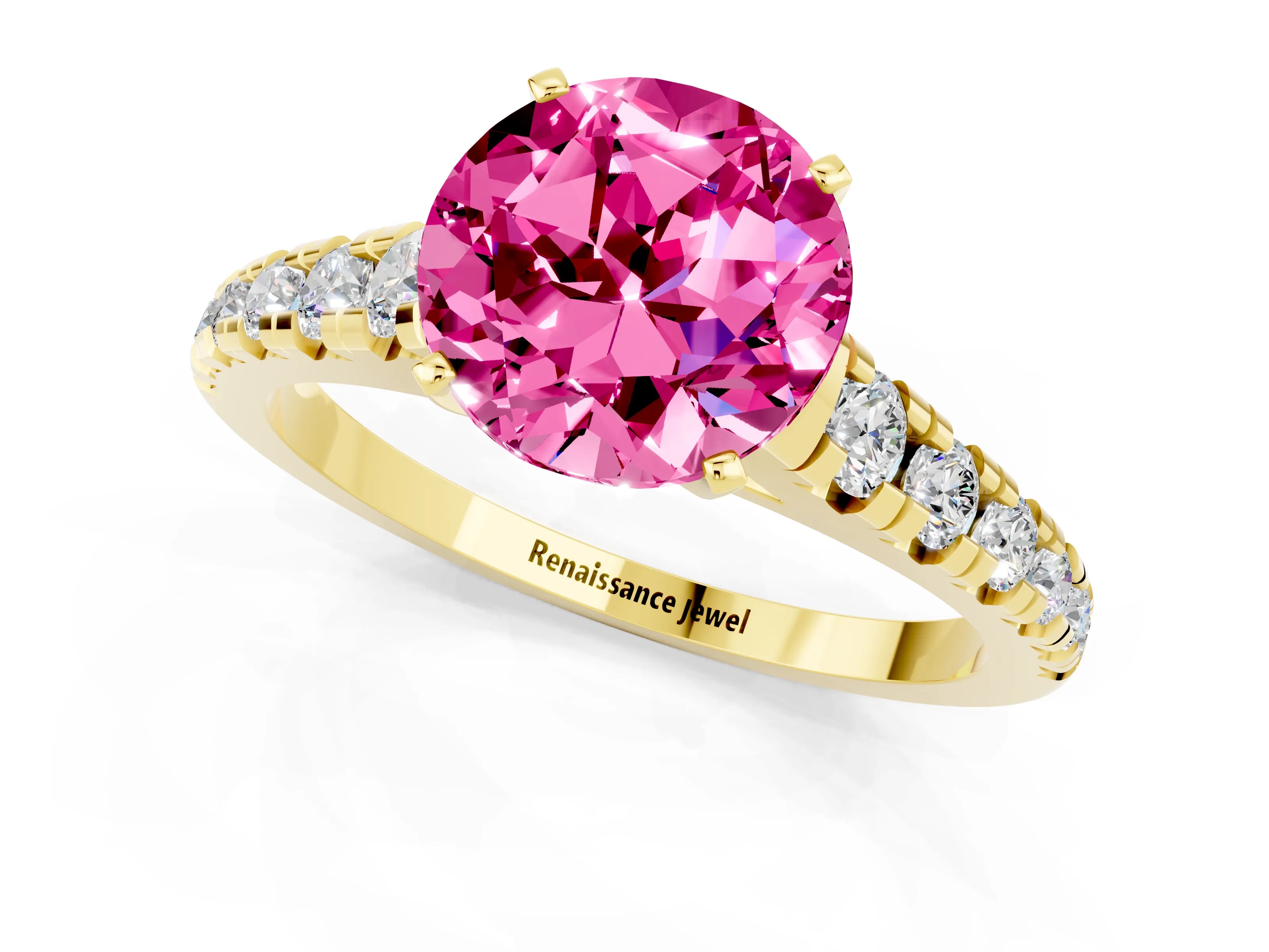 Yellow gold Round Cut Pink Sapphire Solitaire Ring with Cathedral Setting and Pavé Band_25