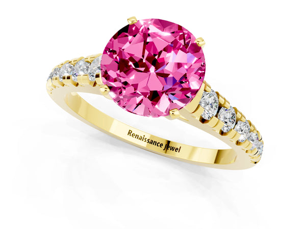 Yellow gold Round Cut Pink Sapphire Cathedral Solitaire Ring with Round  Pavé Band