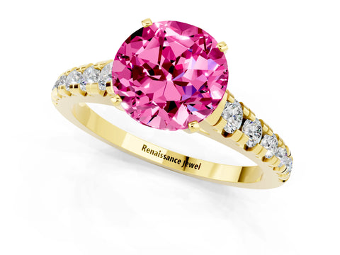 Yellow gold Round Cut Pink Sapphire Solitaire Ring with Cathedral Setting and Pavé Band_25
