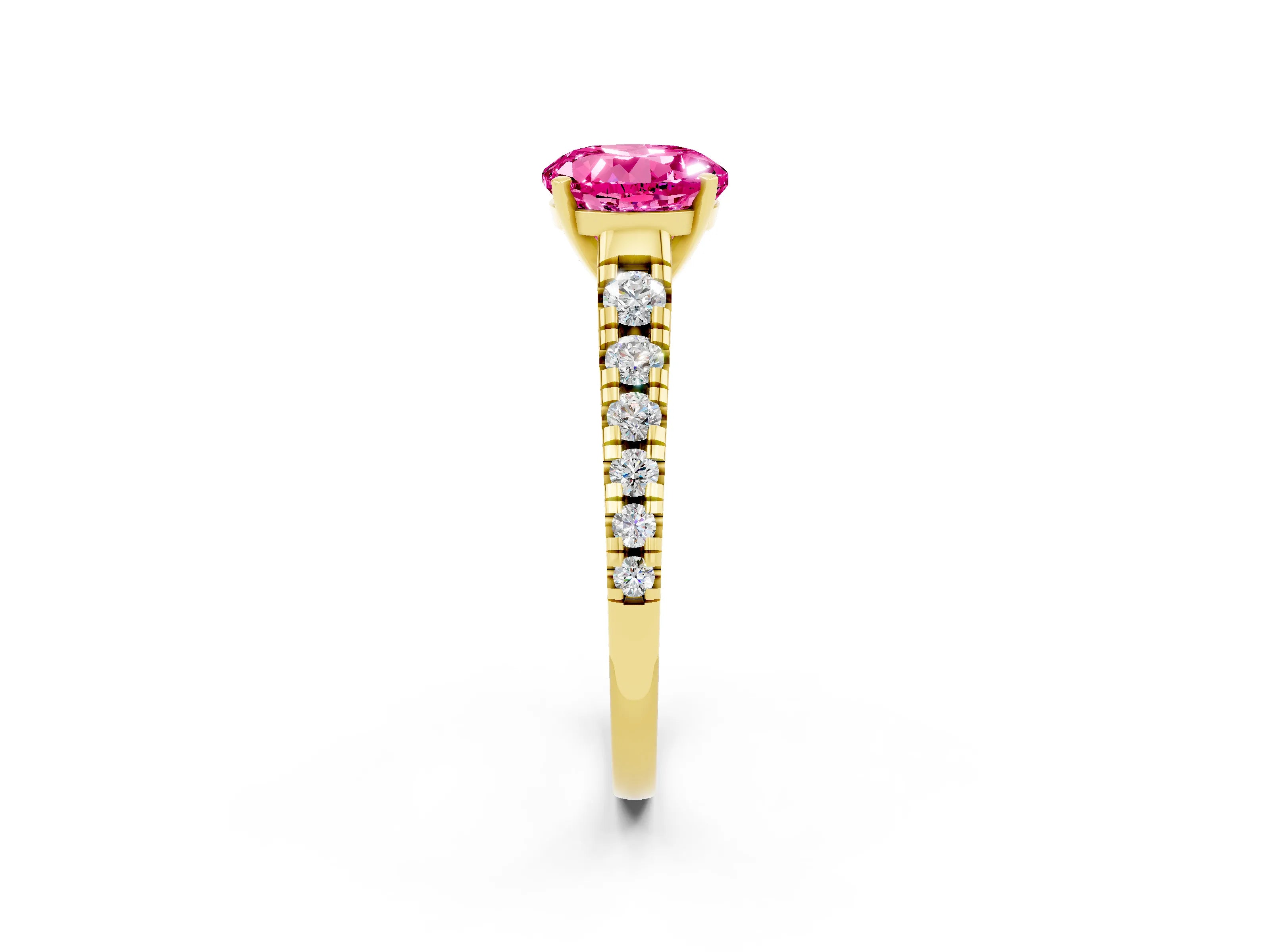 Yellow gold Round Cut Pink Sapphire Solitaire Ring with Cathedral Setting and Pavé Band_26
