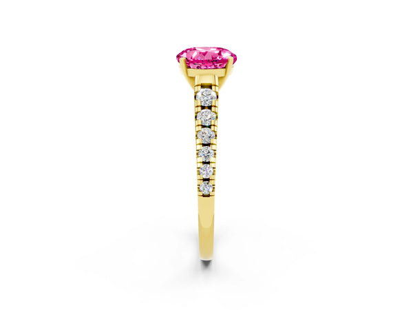 Yellow gold Round Cut Pink Sapphire Cathedral Solitaire Ring with Round  Pavé Band