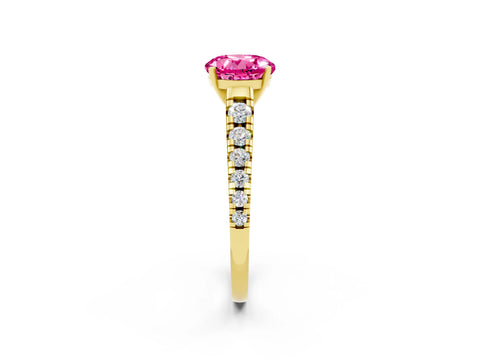 Yellow gold Round Cut Pink Sapphire Solitaire Ring with Cathedral Setting and Pavé Band_26
