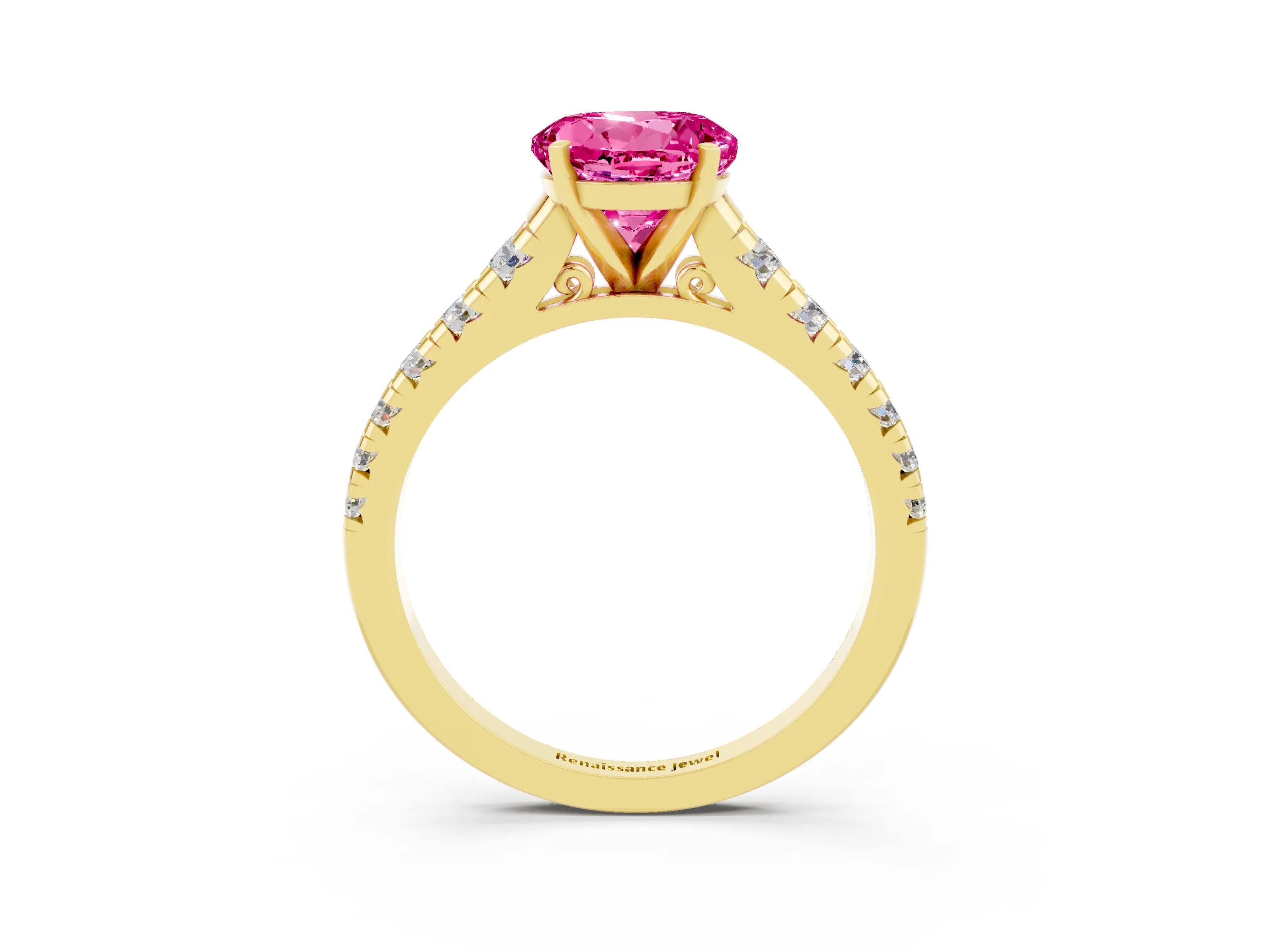 Yellow gold Round Cut Pink Sapphire Solitaire Ring with Cathedral Setting and Pavé Band_27