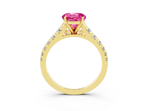 Yellow gold Round Cut Pink Sapphire Cathedral Solitaire Ring with Round  Pavé Band