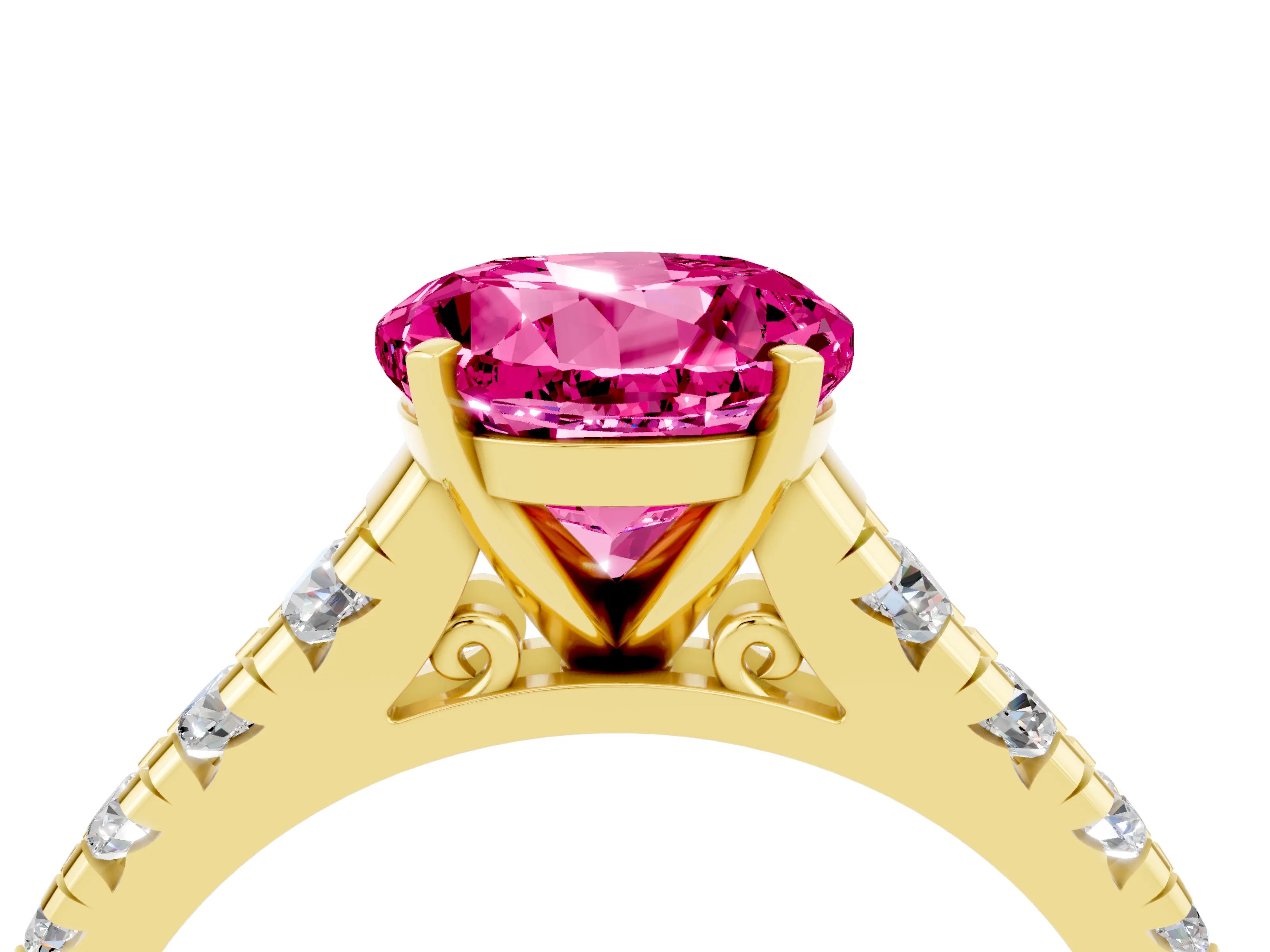 Yellow gold Round Cut Pink Sapphire Solitaire Ring with Cathedral Setting and Pavé Band_28