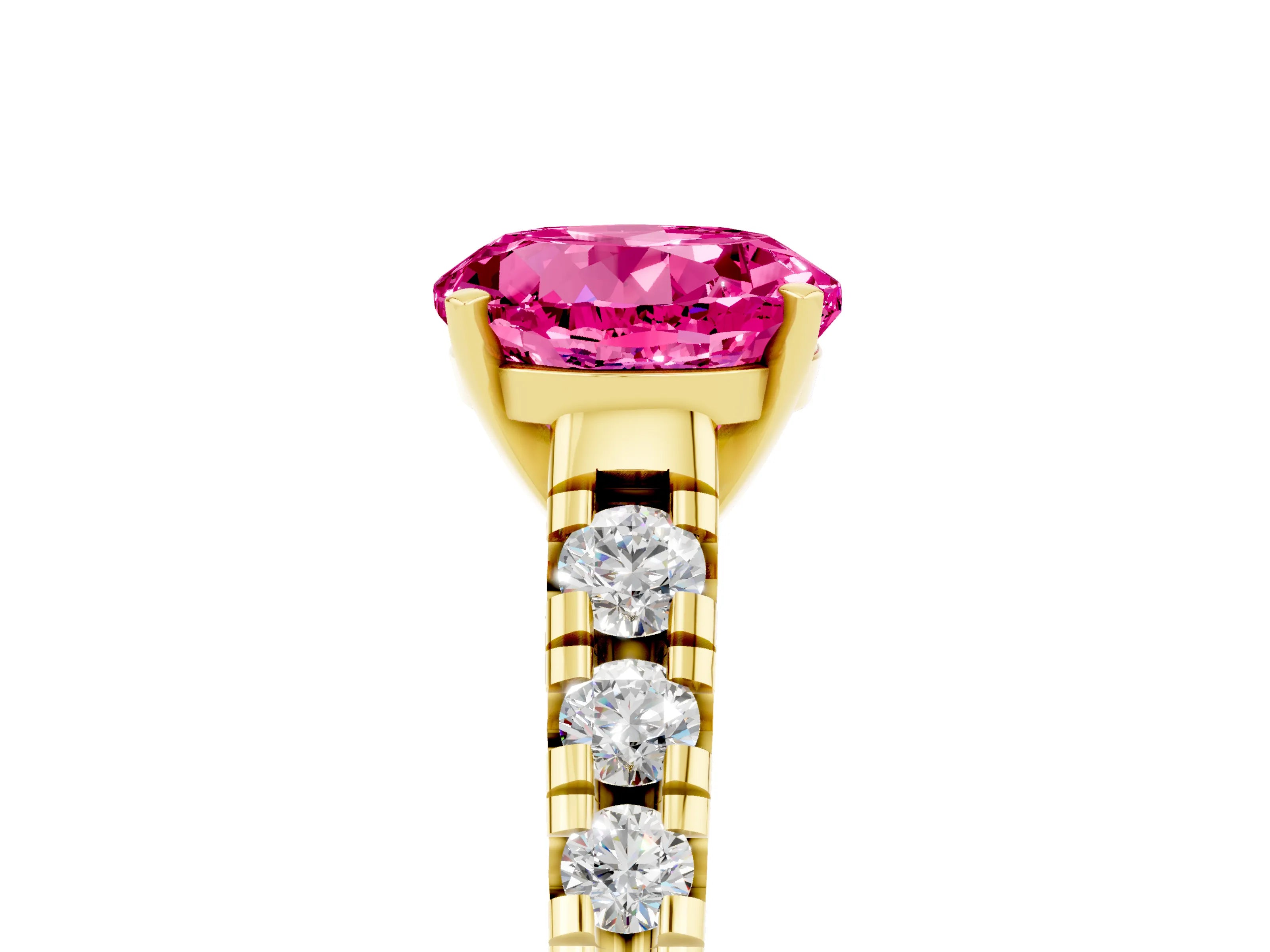 Yellow gold Round Cut Pink Sapphire Solitaire Ring with Cathedral Setting and Pavé Band_29